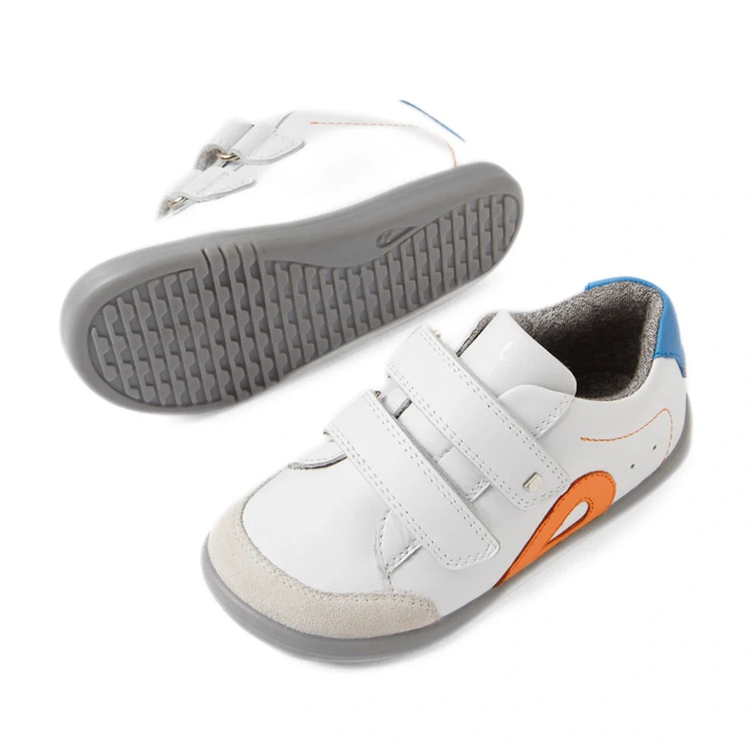 Bobux IW Iwalk Blaze Toddlers Leather Sneaker White Orange: These toddler sneakers feature premium white leather, gray soles, blue heel accents, and a striking orange side detail. Designed for easy on and off with two hook-and-loop Velcro straps, these st