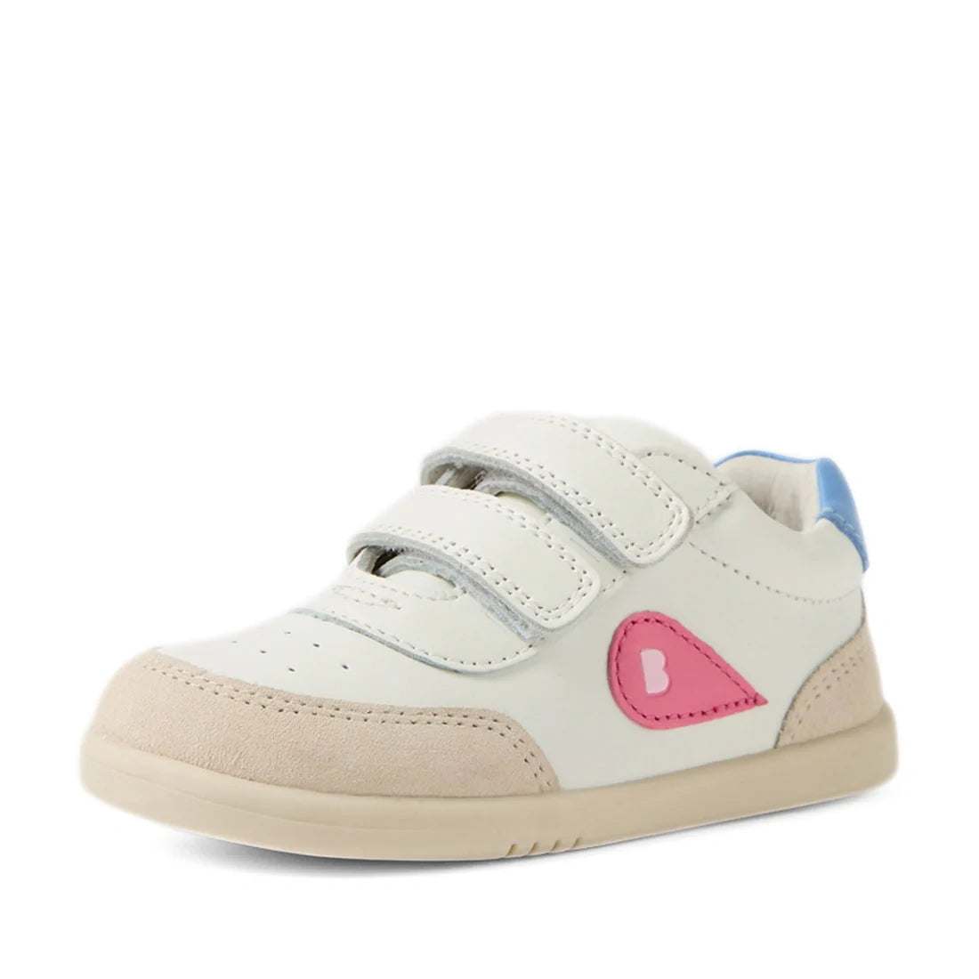 The Bobux IW Iwalk Toddlers Champ Leather Sneaker in White Pink, featuring beige accents, pink side detail, a blue heel tab, and two hook and loop straps, is displayed on a white background., 9420074856654, 9420074856661, 9420074856678, 9420074856685, 942