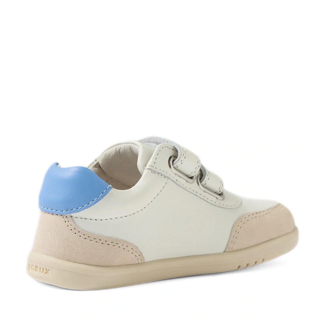 The Bobux IW Iwalk Toddlers Champ Leather Sneaker in White Pink features a white leather upper with beige suede accents, a blue heel patch, hook and loop straps, and a tan rubber sole, shown from the back left side., 9420074856654, 9420074856661, 94200748