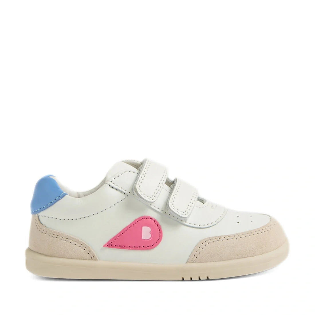 Bobux IW Iwalk Toddlers Champ Leather Sneaker in white with a beige sole and toe, blue heel accent, pink teardrop-shaped side detail featuring a “B”, and two hook-and-loop straps across the top., 9420074856654, 9420074856661, 9420074856678, 9420074856685,