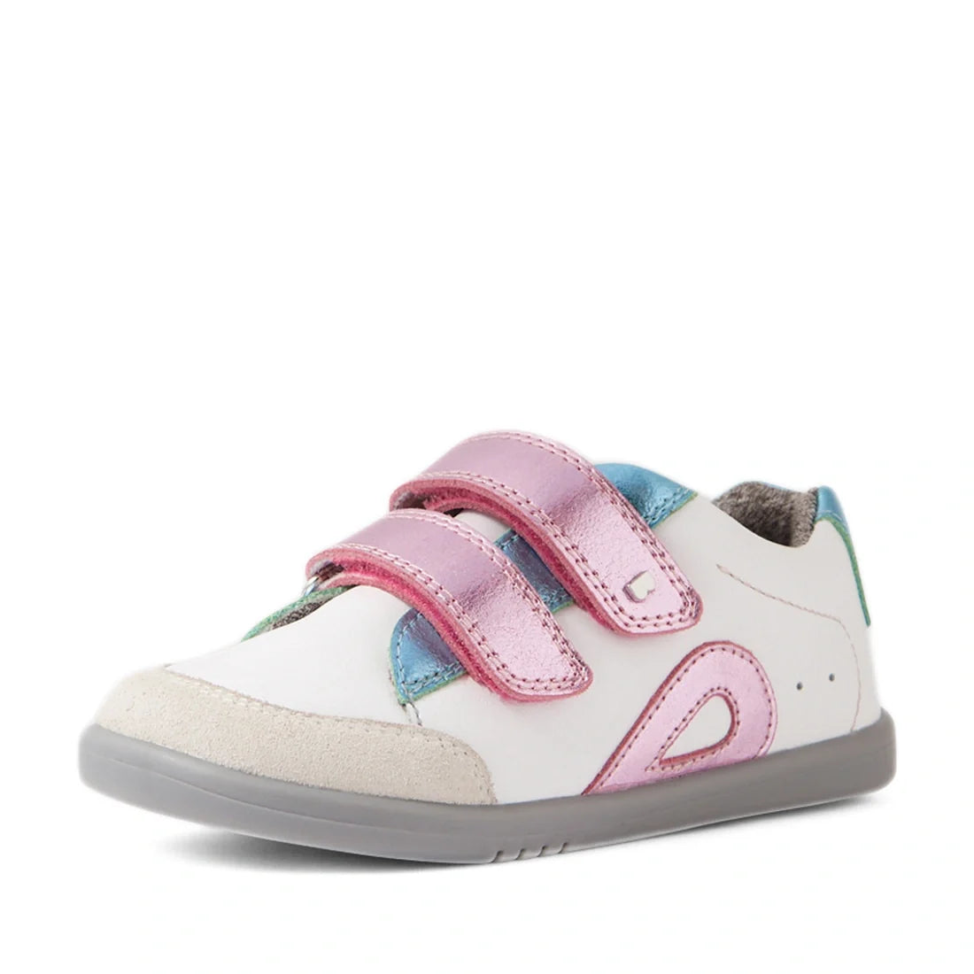 The Bobux IW Iwalk Blaze Toddlers Leather Sneaker in Pink Metallic features a white base, pink metallic Velcro straps, pastel blue and green accents, and a gray sole—blending playful style with everyday comfort for little ones., 9420074851987, 94200748519