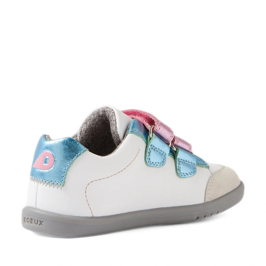 A Bobux IW Iwalk Blaze Toddlers Leather Sneaker in Pink Metallic, featuring a white upper, gray sole, pink and blue metallic straps, and a metallic blue heel detail, shown from the back., 9420074851987, 9420074851994, 9420074852007, 9420074852014, 9420074