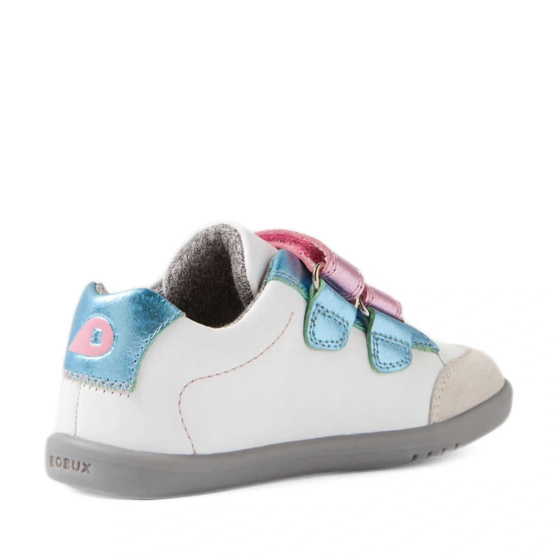 A Bobux IW Iwalk Blaze Toddlers Leather Sneaker in Pink Metallic, featuring a white upper, gray sole, pink and blue metallic straps, and a metallic blue heel detail, shown from the back., 9420074851987, 9420074851994, 9420074852007, 9420074852014, 9420074