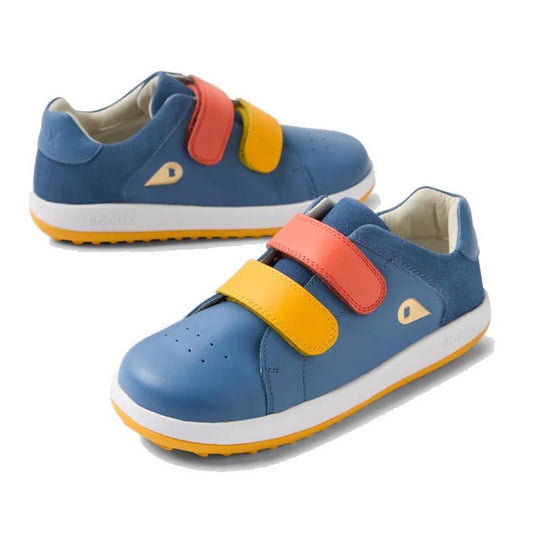 The Bobux IW Iwalk Breakpoint Leather in Coronet Blue are toddler shoes with yellow and red velcro straps, cushioned EVA midsoles, white soles, and a small yellow side logo, displayed on a white background.