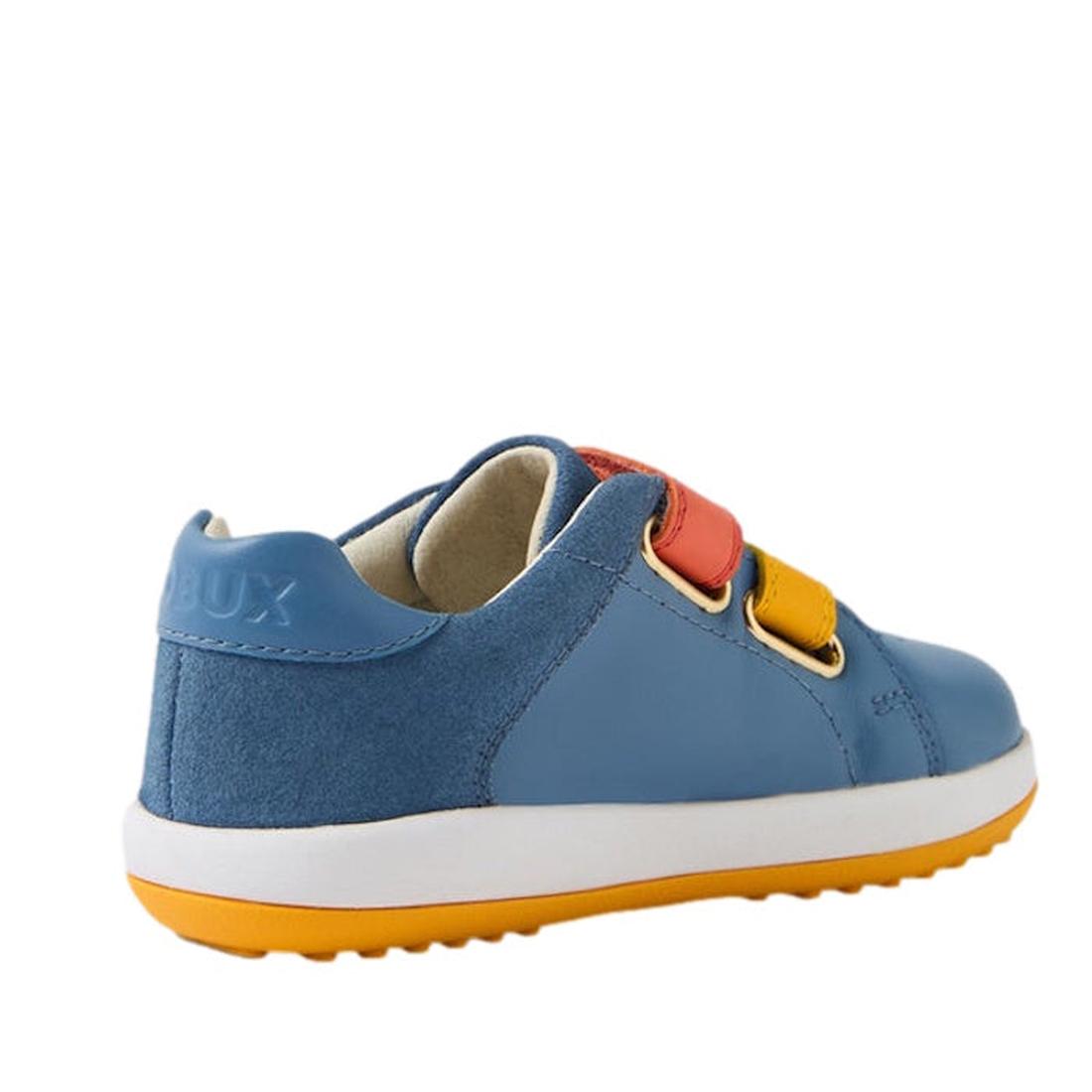 The Bobux IW Iwalk Breakpoint Leather Coronet Blue toddler shoe features yellow and orange Velcro straps, a white sole, cushioned EVA midsole, and a yellow outsole, shown from the rear side against a white background., 9420074817709, 9420074817716, 942007