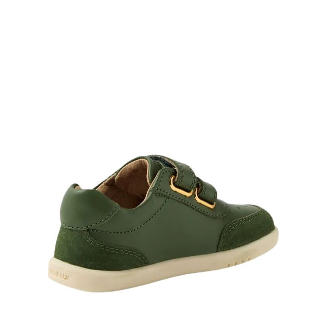 The Bobux IW Iwalk Champ Sneaker Bronze Green for toddlers is shown from a rear side angle, featuring a green upper, beige sole, yellow eyelets, and two adjustable hook-and-loop straps against a white background., 9420074810786, 9420074810793, 94200748108