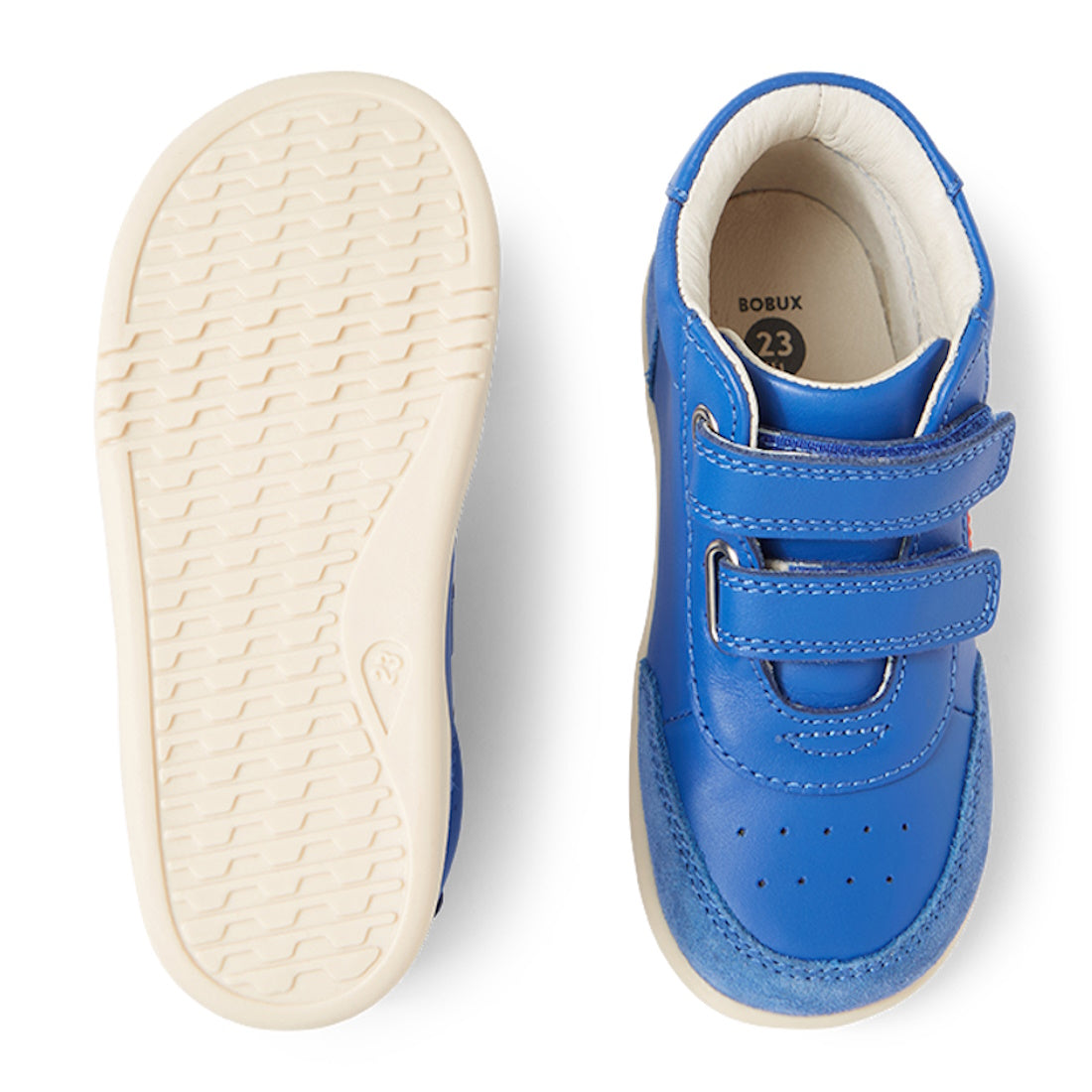 A pair of Bobux IW Iwalk Champ Hi Boot Olympian Blue children’s sneakers in size 23, featuring blue uppers with two Velcro straps and white textured soles; shown from top and bottom views., 9420068541931, 9420068541948, 9420068541955, 9420068541962