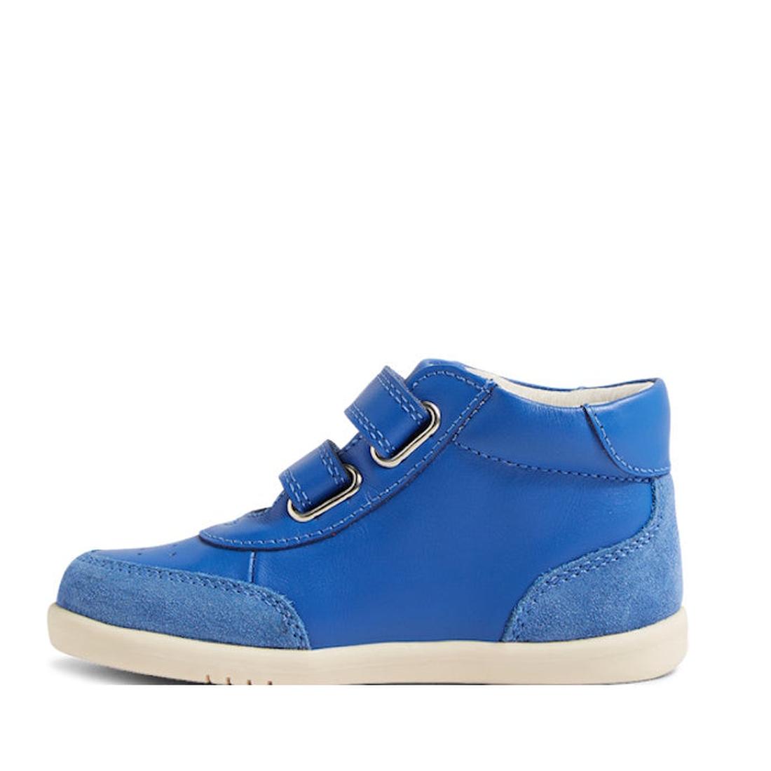 The Bobux IW Iwalk Champ Hi Boot Olympian Blue is a kids' blue leather high-top sneaker with two velcro straps, suede toe and heel accents, and a white sole. Shown from the side on a white background., 9420068541931, 9420068541948, 9420068541955, 94200685