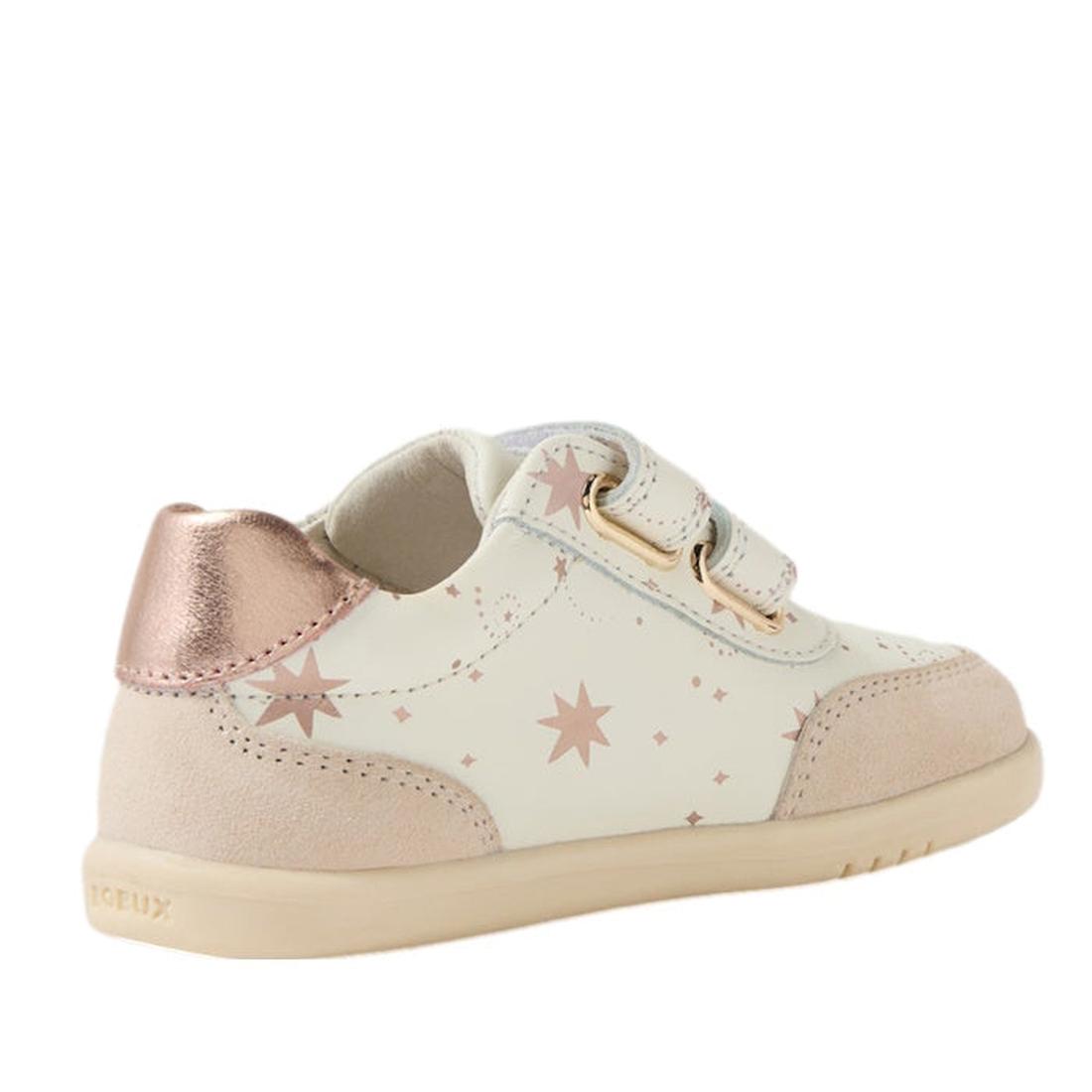 The Bobux Toddlers IWalk IW Champ II Sneaker Star Chalk White Rose Gold features cream and beige tones, a pink metallic heel, star patterns, two adjustable straps, a leather upper, and a rubber sole—ideal for young children., 9420074865489, 9420074865496,