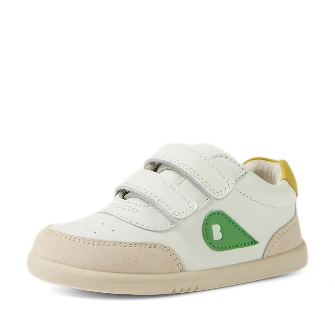 Introducing the Bobux IW Iwalk Toddlers Champ Leather Sneaker in White Green: this comfortable and stylish kids’ leather sneaker features a crisp white upper with beige trim, a green side accent, sunny yellow heel tab, two easy hook and loop straps, and a