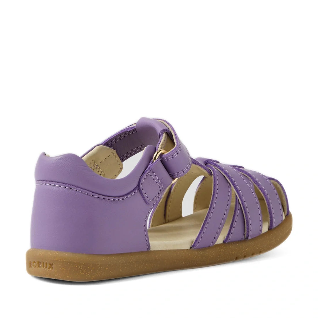 The Bobux Iwalk IW Cross Jump Toddlers Purple Haze Leather Sandal, shown from the back left angle, features a closed heel, multiple straps, and a tan rubber sole—providing both durability and comfort for kids., 9420074808714, 9420074808721, 9420074808738,