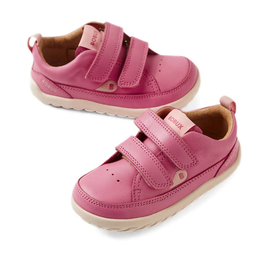 A pair of Bobux IW Iwalk Dawn Toddlers Leather Sneakers in Cashmere Rose Pink, crafted from leather with two velcro straps, white zero drop soles, displayed on a white background.