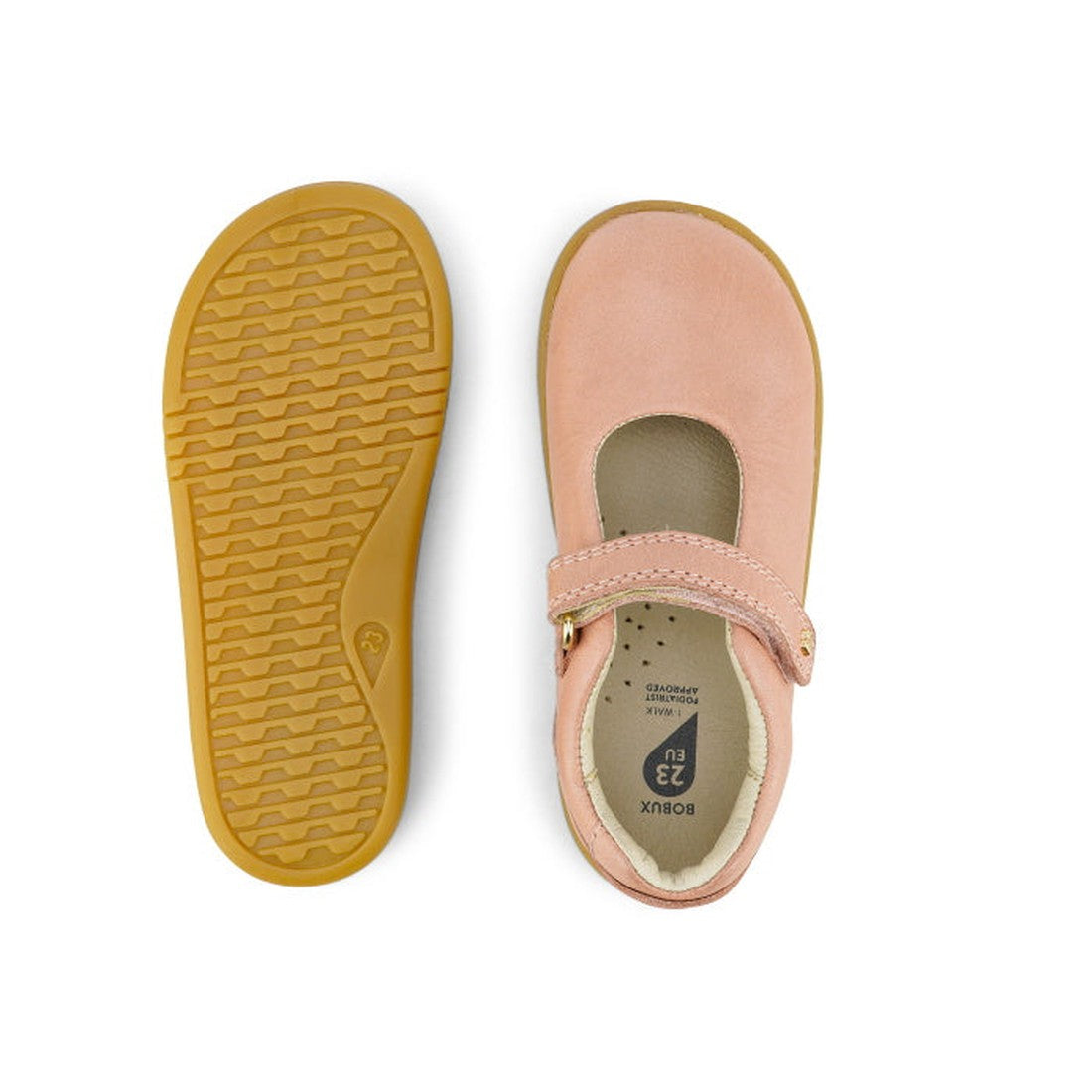 A pair of Bobux Iwalk IW Delight Mary Jane Pink Dusk Pearl shoes with a pink leather upper, Velcro strap, and light brown rubber soles; one shoe is shown from the top, the other from the bottom., 9420062084557, 9420062084564, 9420062084571, 9420062084588,