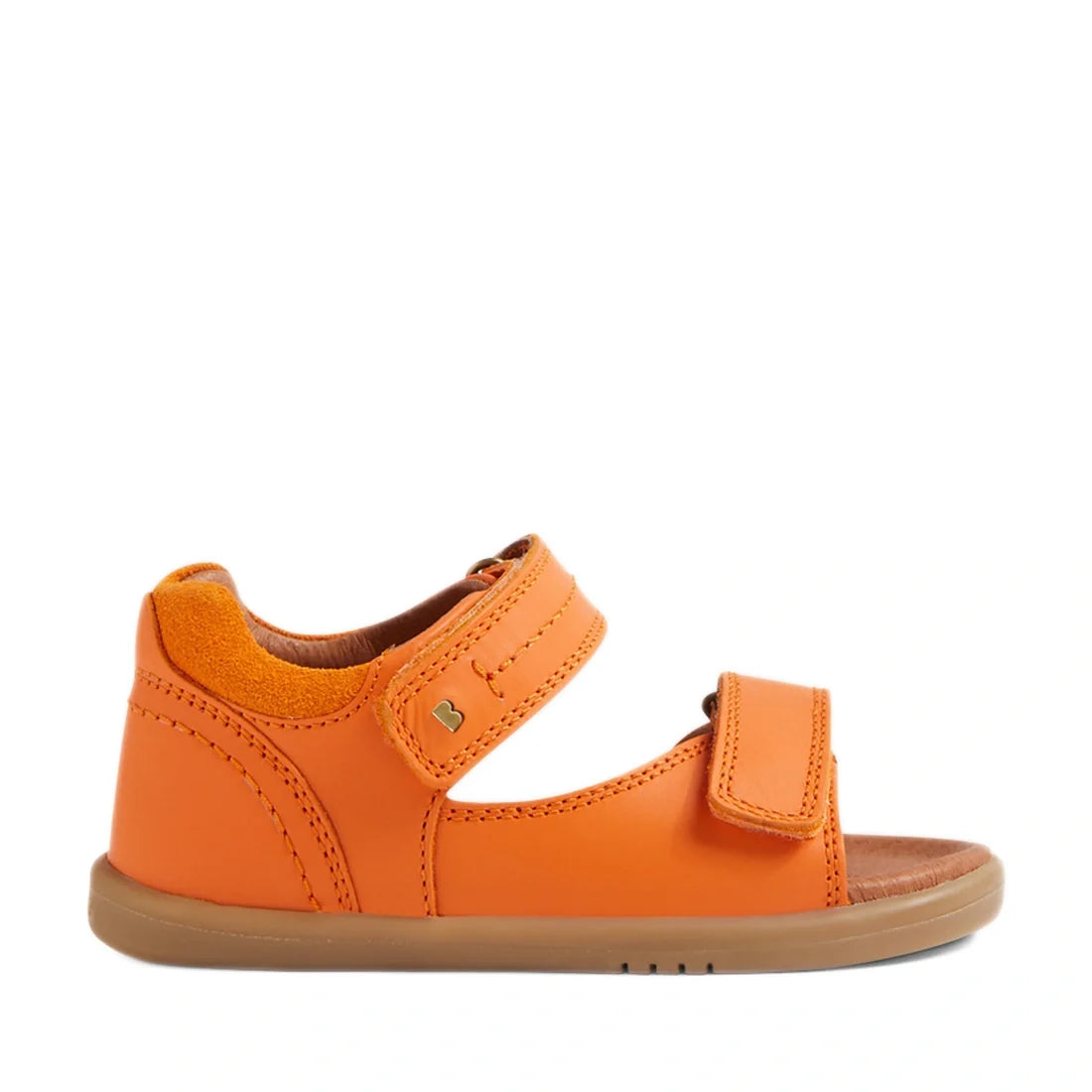 The Bobux IWalk Driftwood Sandal Orange Peel Open Toe is a vibrant orange children’s sandal inspired by the Bobux Driftwood collection, featuring a closed heel, open toe, and two adjustable Velcro straps—ideal for toddler boys. Shown in side profile on a 