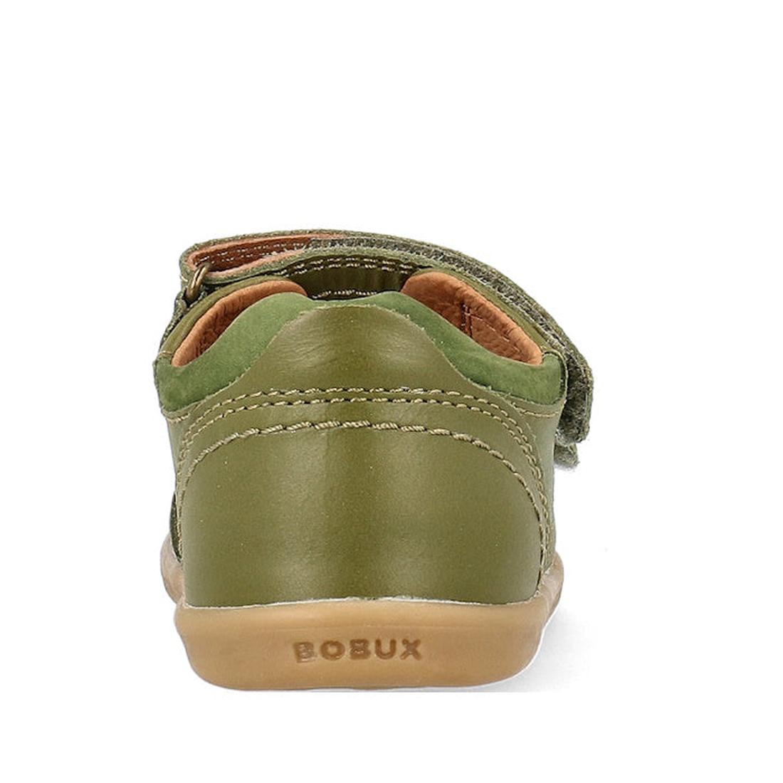 The Bobux Kid+ Plus Driftwood Sea Kelp Green Open Toe Sandal 833518 is a green leather kids' sandal, seen from the back, with tan stitching, a light brown sole, and "BOBUX" embossed on the heel., 9420075774575, 9420075773530, 9420075779457, 9420075773868,