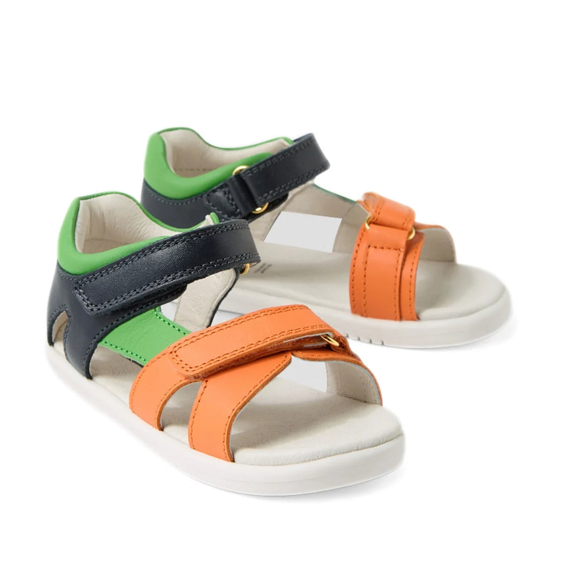 Introducing the Bobux IWalk Dune Toddlers Sandal Navy Open Toe: these leather-style toddler sandals feature white soles and adjustable velcro straps in navy blue, orange, and green for a secure, comfortable fit. Gold decorative buckles add a stylish touch