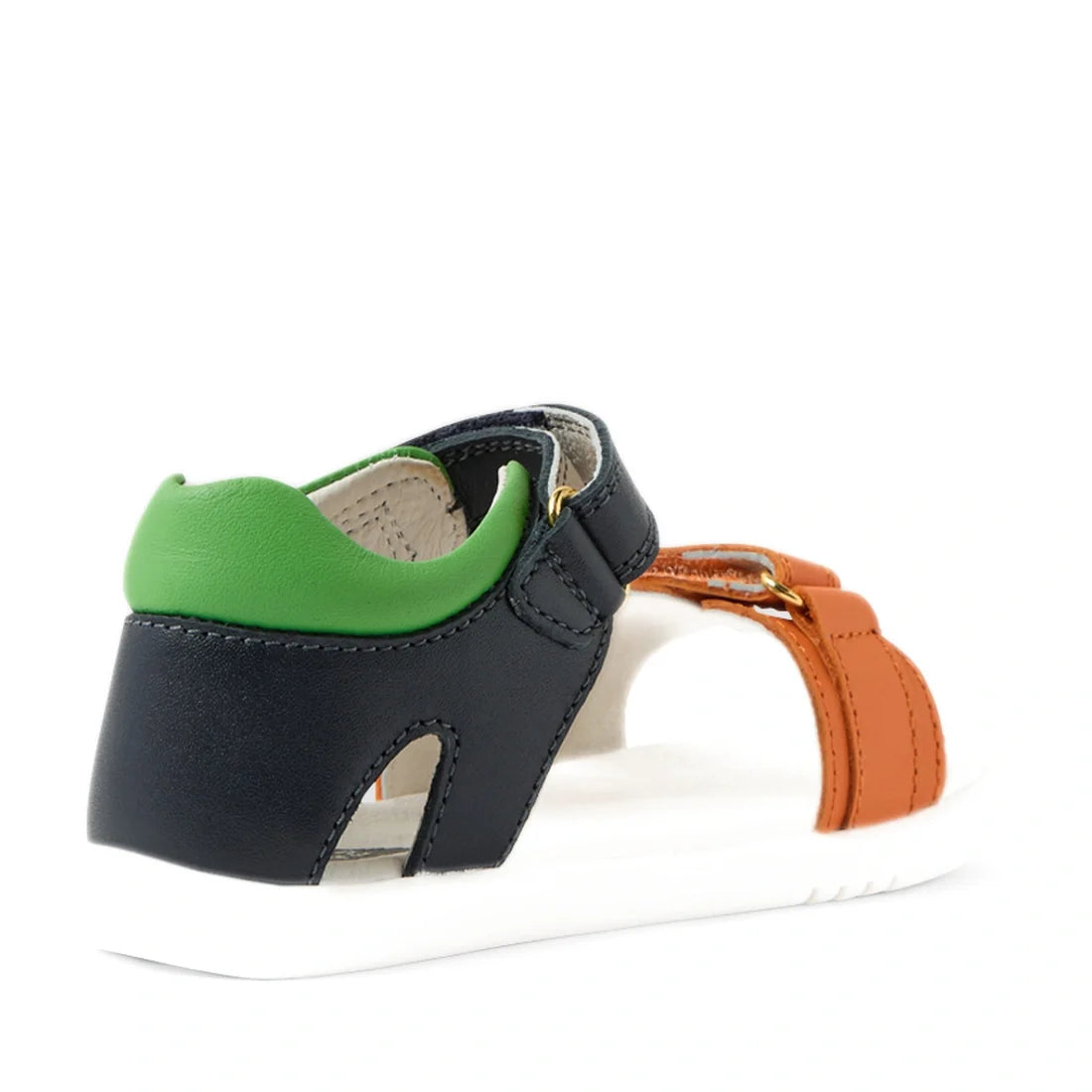 A close-up of the Bobux IWalk Dune Toddlers Sandal Navy Open Toe, featuring an adjustable design with a white sole and navy straps, shown from the back on a white background., 9420074855145, 9420074855152, 9420074855169, 9420074855176, 9420074855183