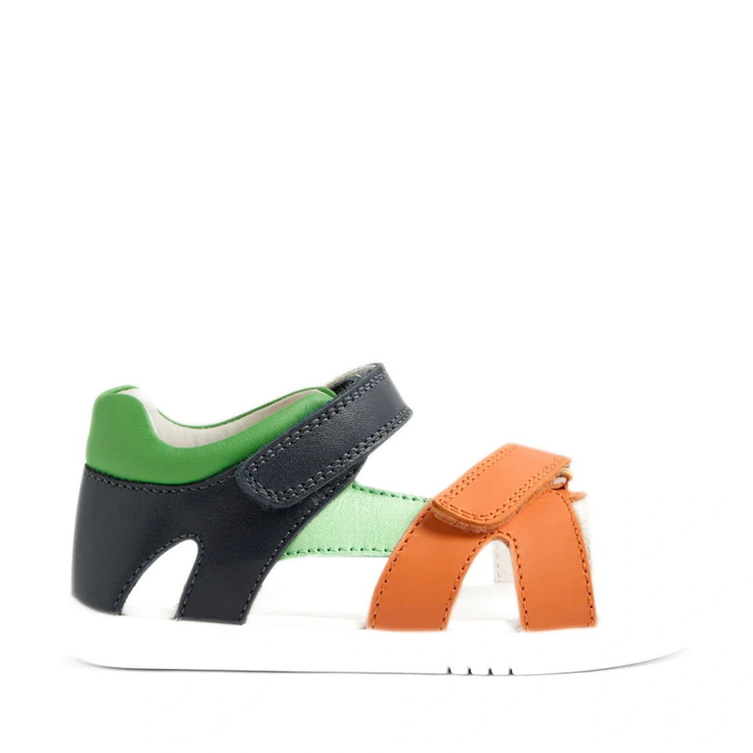 The Bobux IWalk Dune Toddlers Sandal Navy Open Toe features green, navy blue, and orange leather straps, a secure Velcro closure, and a comfortable white sole. Displayed against a white background, these adjustable leather sandals are perfect for little a