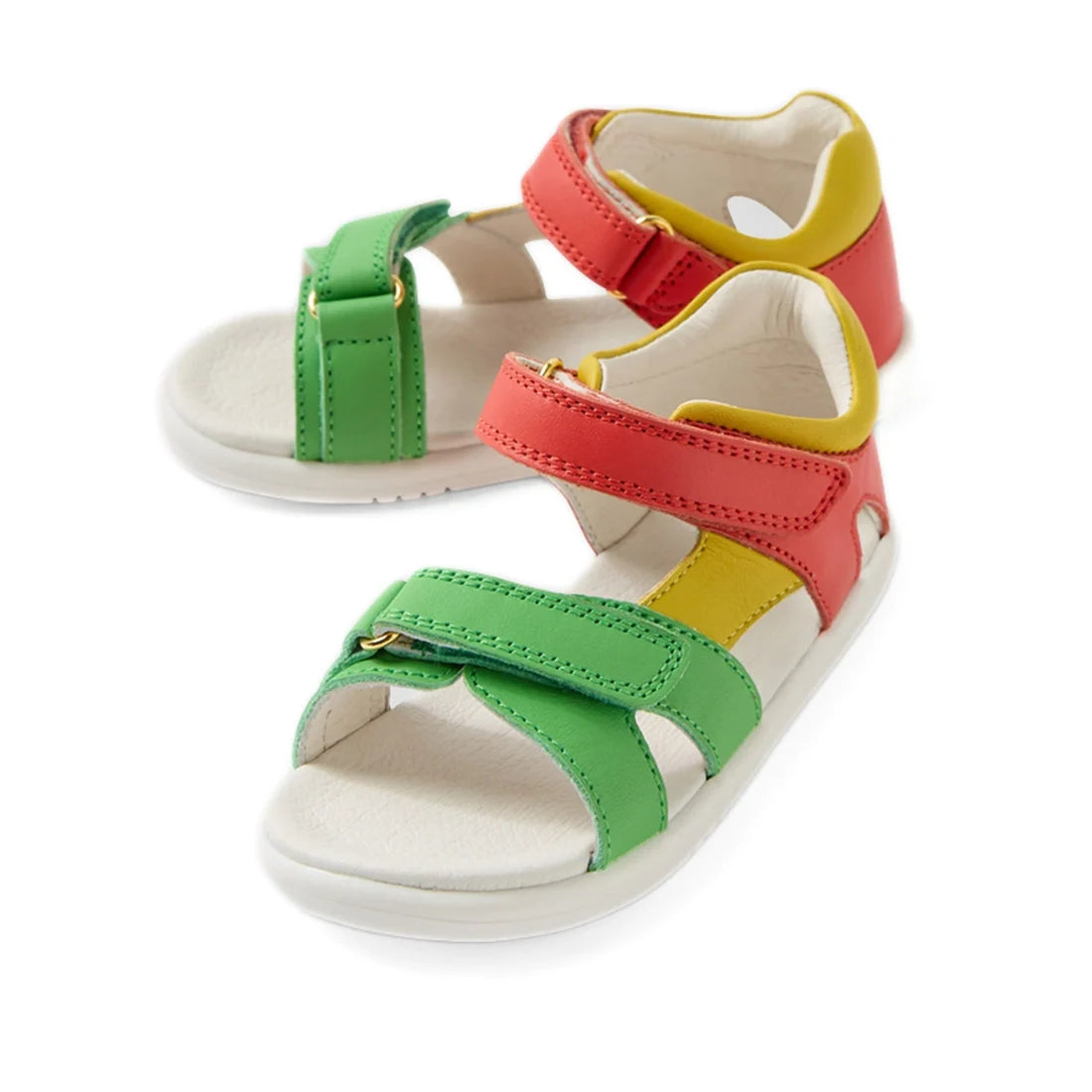 Sure! Here’s a rewritten sentence using your product data: The Bobux IWalk Dune Toddlers Sandal Grenadine Red Open Toe is perfect for little explorers, featuring charming leather construction with green front straps and red back straps, playfully accented