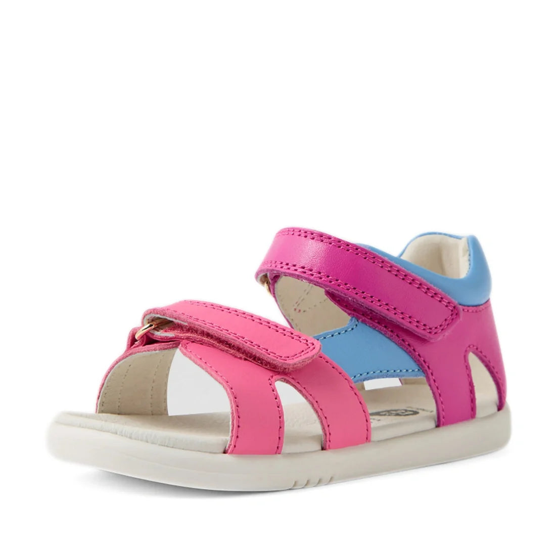 The Bobux IWalk Dune Toddlers Sandal in Rose Violet and Bright Pink features a white sole, pink front straps, a blue heel strap, an open toe design, and an adjustable Velcro closure—making these sandals perfect for everyday adventures., 9420074854995, 942