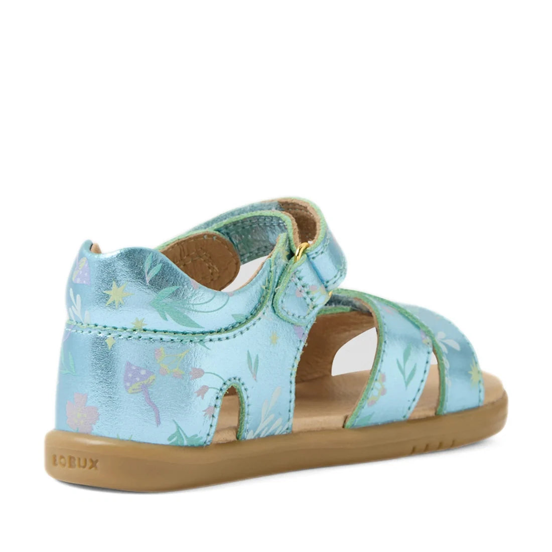 The Bobux IWalk Flora Toddlers Sandal Jelly Mint Metallic Blue Open Toe showcases a playful light blue floral pattern, crafted from premium leather with an open toe and secure Velcro strap. Viewed from the back and side, these stylish sandals highlight de