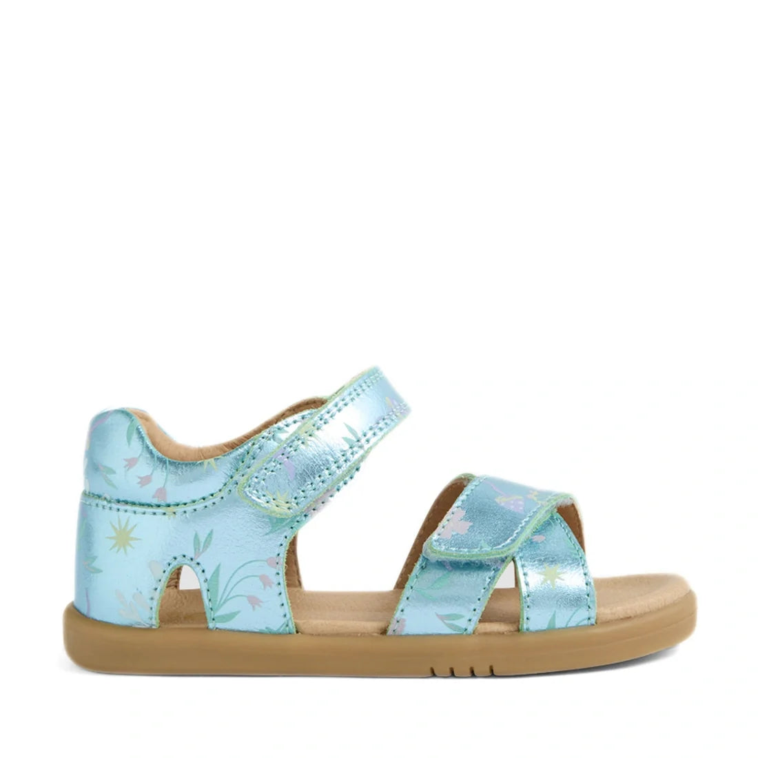 The Bobux IWalk Flora Toddlers Sandal in Jelly Mint Metallic Blue features a charming floral print, two adjustable Velcro straps, an open toe and heel design, and a tan rubber sole—perfectly crafted for children., 9420074852472, 9420074852489, 94200748524