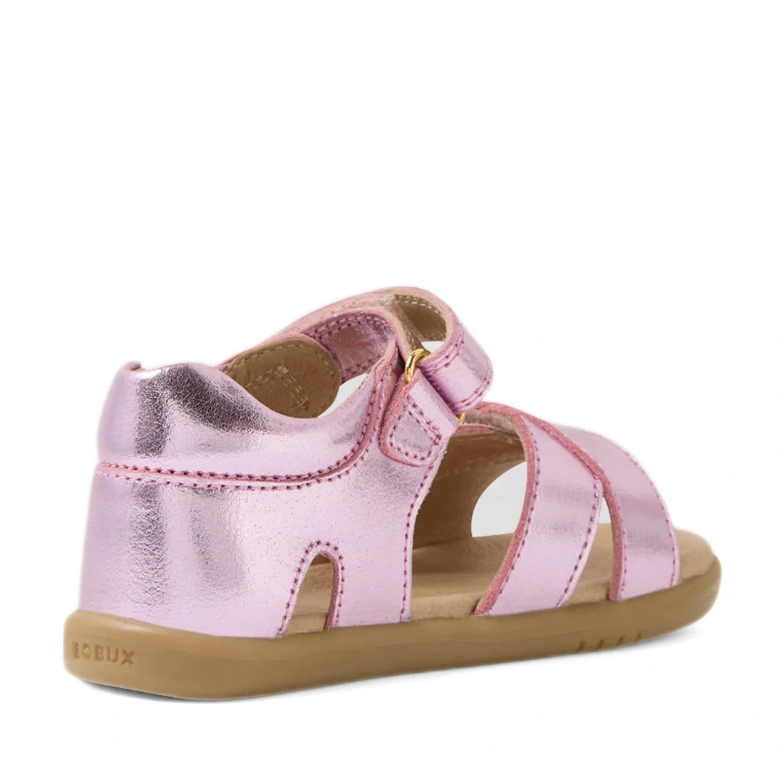 Introducing the Bobux IWalk Flora Toddlers Sandal in Pink Lemonade: a stylish metallic pink sandal for toddlers featuring a closed heel, velcro strap, and open toe design. Crafted from breathable leather, this toddlers’ leather sandal is finished with a l
