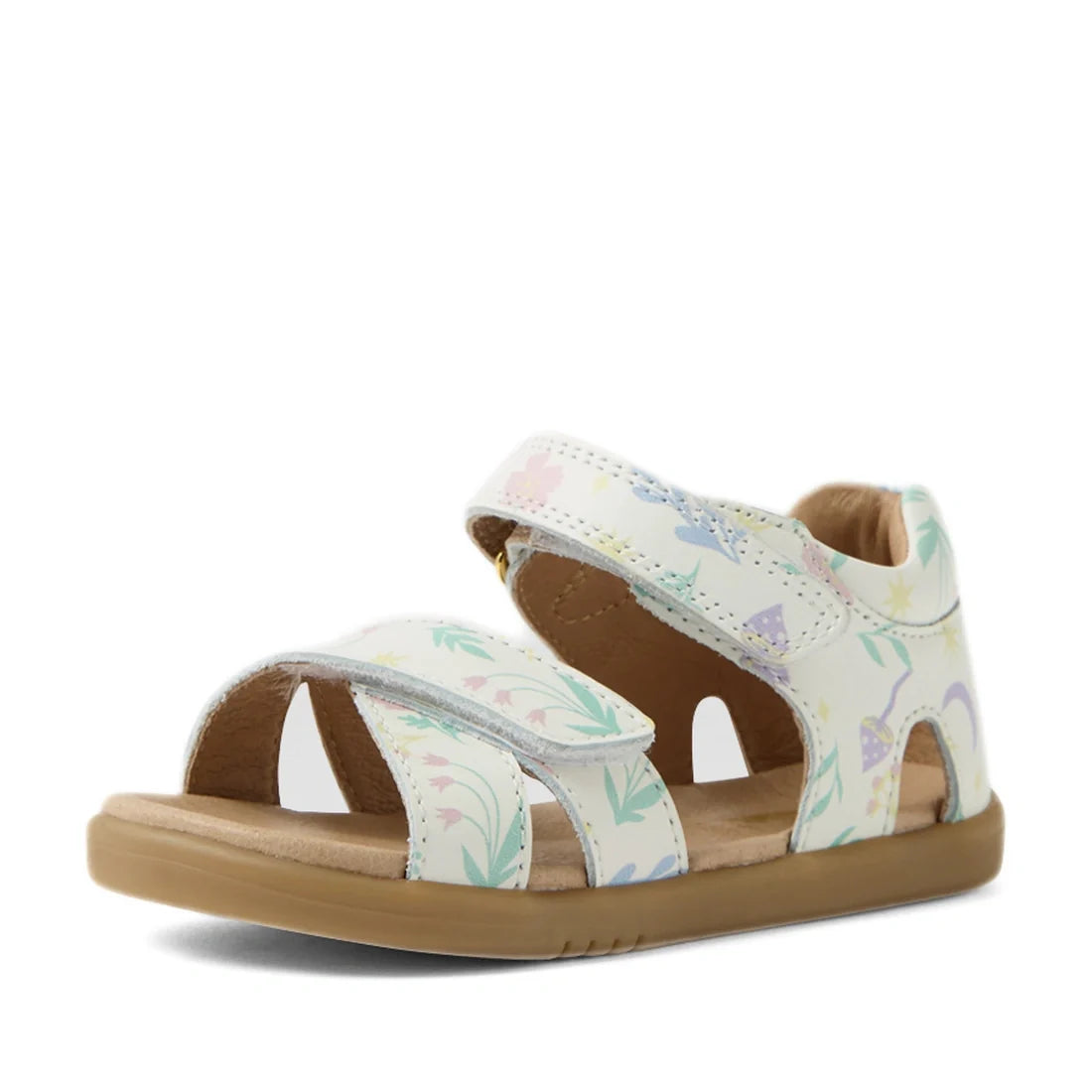 Elegant and comfortable, the Bobux IWalk Flora Toddlers Sandal White Floral Open Toe features a tan sole and white straps embellished with a delicate pastel floral and butterfly pattern. Designed with an easy Velcro closure and a thick sole for added supp