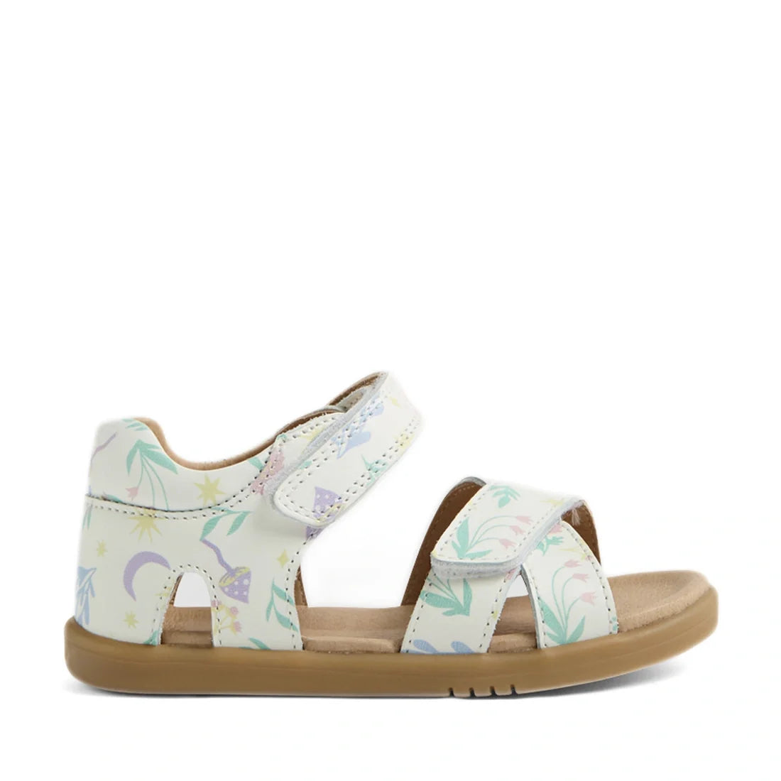 Introducing the Bobux IWalk Flora Toddlers Sandal White Floral Open Toe: a charming children’s sandal featuring a light tan sole and white leather straps adorned with pastel nature and star patterns. Inspired by the beloved Bobux Flora design, this style 
