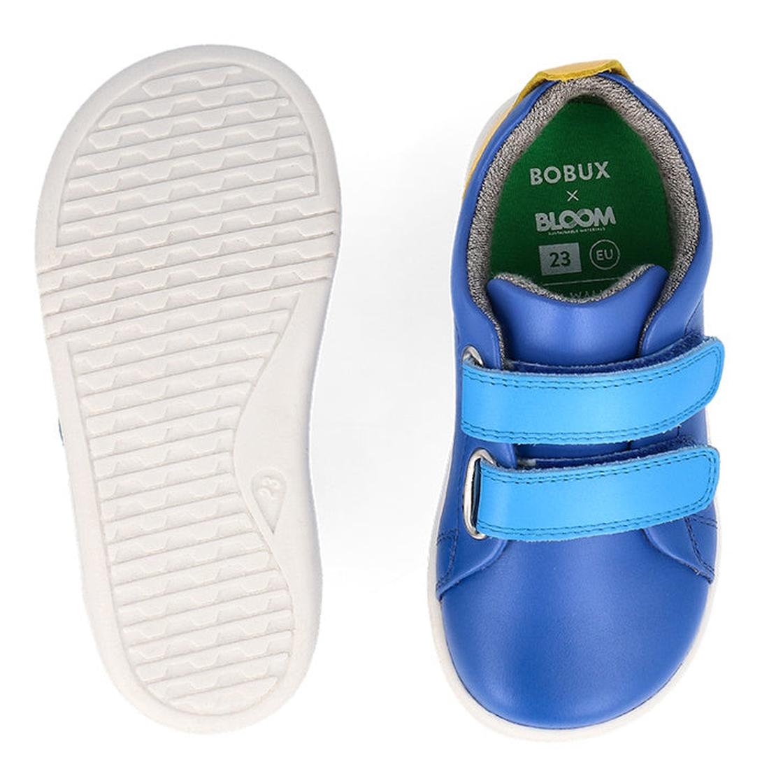 The Bobux Iwalk Grass Court Azzure Blue Leather Trainer 640507 is a blue unisex toddler sneaker with a premium leather upper, dual Velcro straps, white soles, and a green insole labeled BOBUX X BLOOM with size details. One shoe's top and sole are shown., 