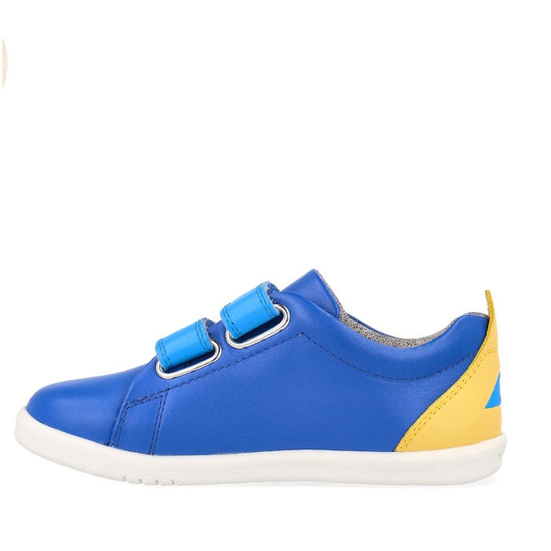 The Bobux Iwalk Grass Court Azzure Blue Leather Trainer 640507 is a unisex sneaker with a premium leather upper, two blue hook-and-loop straps, a white sole, and a yellow heel accent, shown on a white background., 9420075777385, 9420075769588, 94200757760