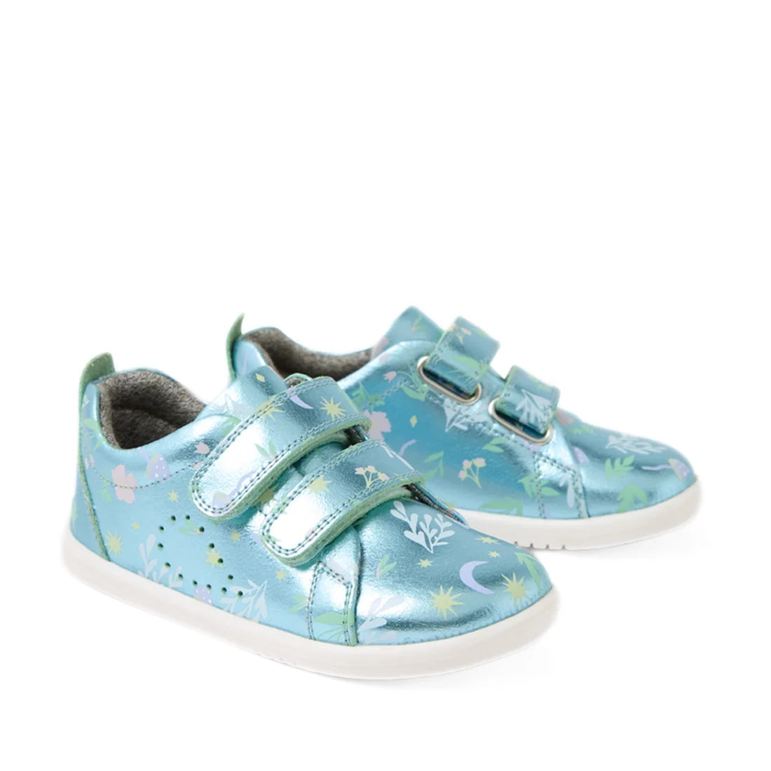 These adorable Bobux Iwalk Toddlers Grass Court Jelly Mint Metallic Leather Trainers in blue, featuring white soles, pastel animal and flower patterns, and two velcro straps for each shoe, are perfect for playful adventures.