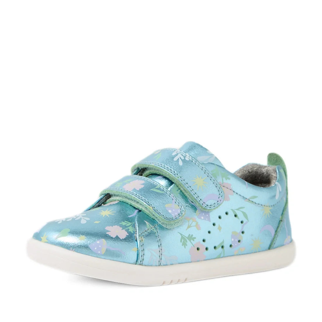 Shiny blue toddler sneakers with pastel floral and leaf patterns, a white sole, and two Velcro straps—these stylish kicks are the Bobux Iwalk Toddlers Grass Court Jelly Mint Metallic Leather Trainer Blue, inspired by the iconic Bobux Grass Court design., 