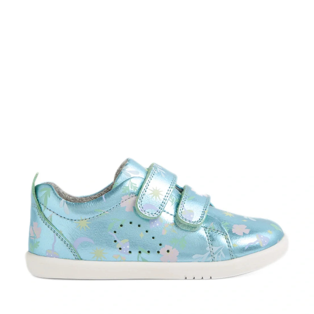 The Bobux Iwalk Toddlers Grass Court Jelly Mint Metallic Leather Trainer in blue features a shiny metallic leather upper with floral patterns, two velcro straps, small side perforations, grey lining, and a white sole—perfect for little feet seeking comfor
