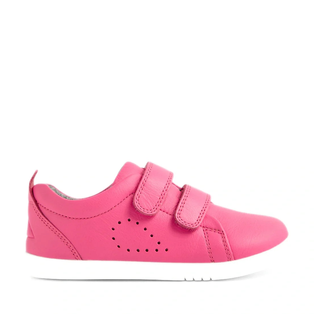 The Bobux Iwalk Toddlers Grass Court Pink Lemonade Leather Trainer is shown in a side view on a plain white background, featuring bright pink leather, two velcro straps, small perforated side details, and a white sole., 9420074806932, 9420074806949, 94200