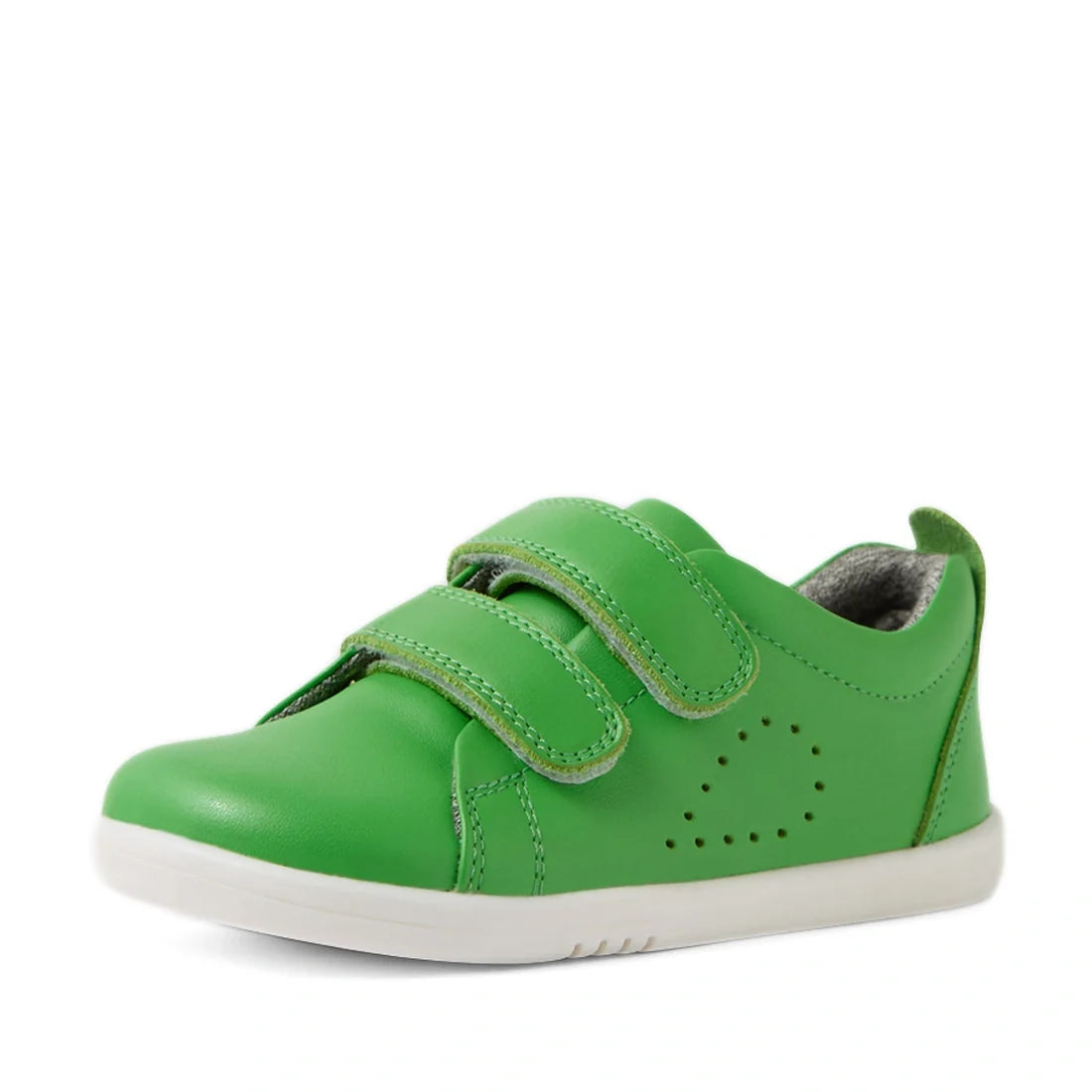 The Bobux Iwalk Toddlers Grass Court Retro Green Leather Trainer is a vibrant green children’s leather sneaker featuring two Velcro straps, a white sole, decorative stitching, and small side perforations—displayed at an angle against a white background., 