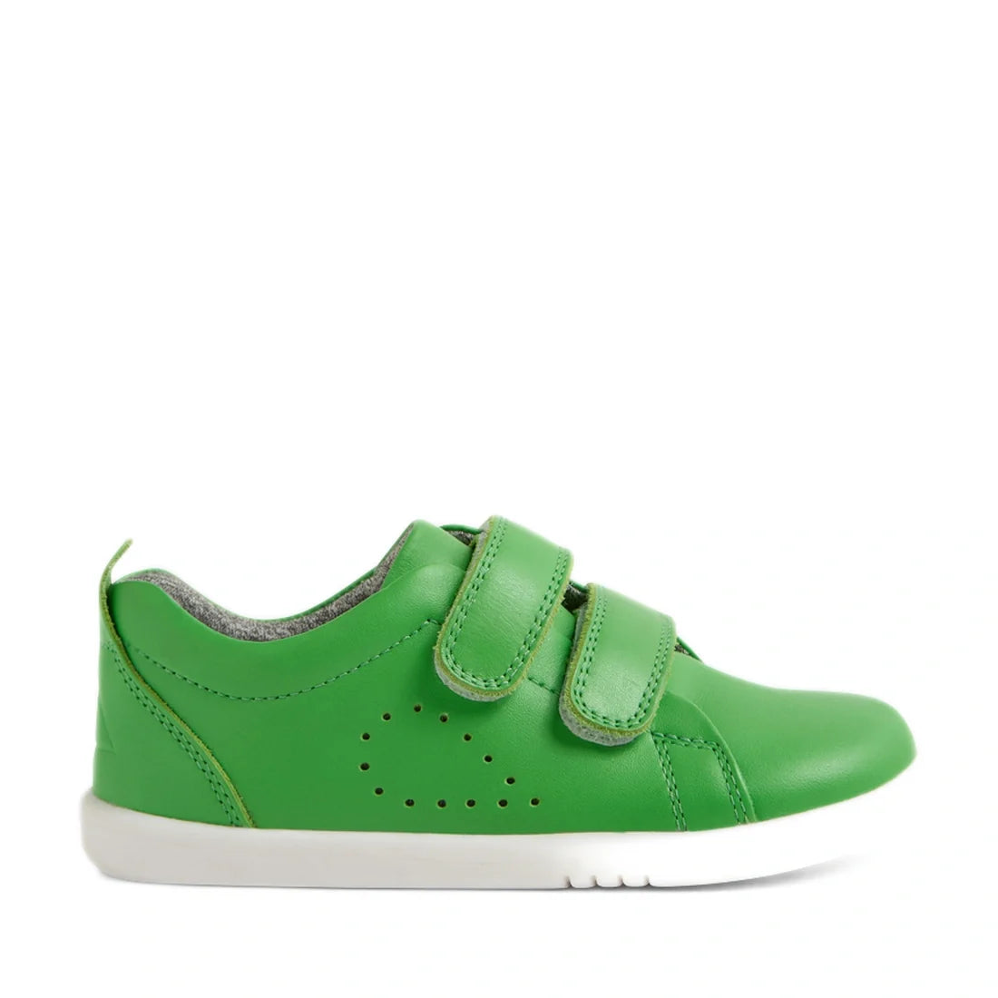 A vibrant green Bobux Iwalk Toddlers Grass Court Retro Green Leather Trainer with two velcro straps, perforated details on the side, a grey inner lining, and a white rubber sole, displayed in side profile on a plain white background., 9420074806789, 94200