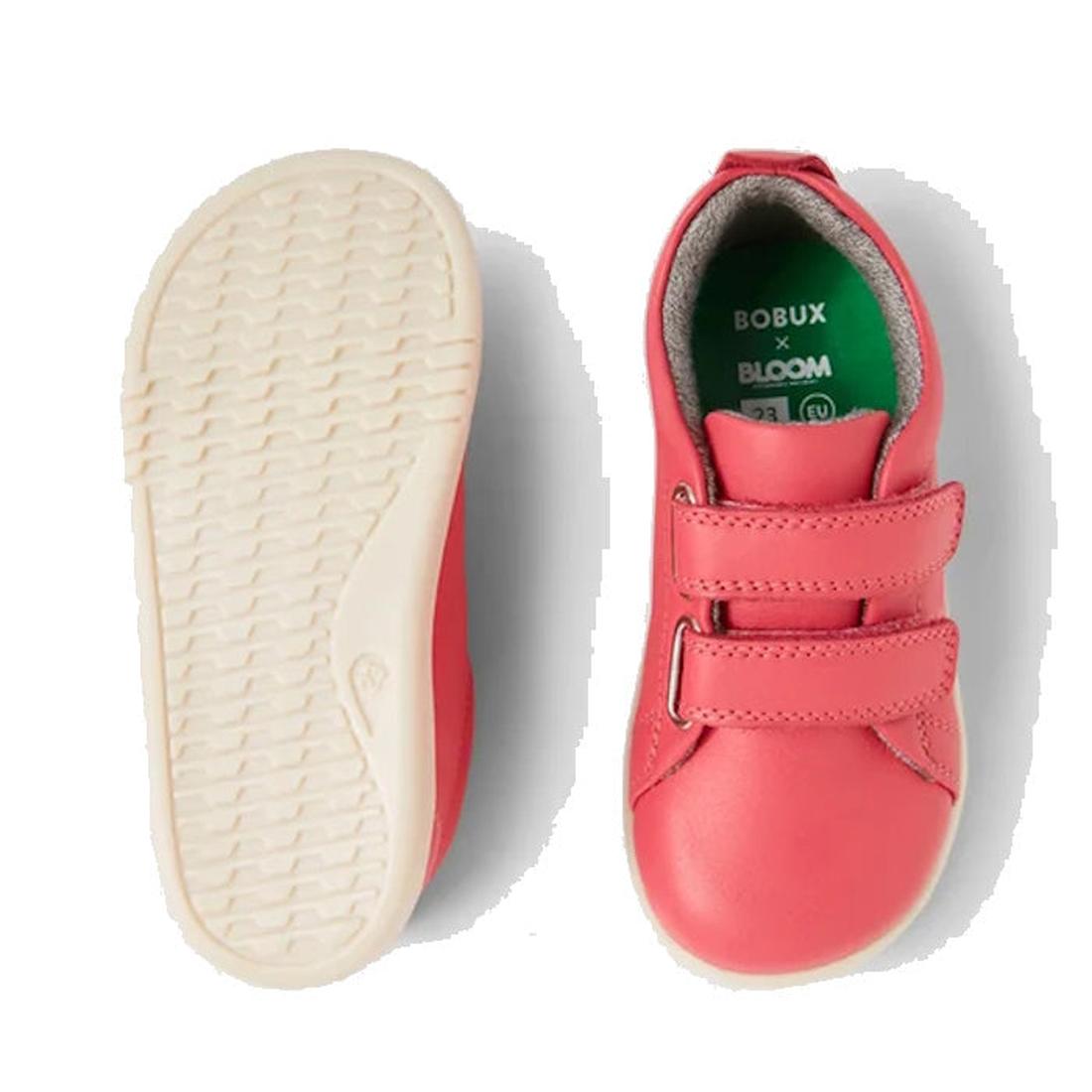 The Bobux IW Iwalk Grass Court Leather Sneaker in Radiant Raspberry is a pink leather toddler girls' shoe with two Velcro straps; one shown from the top, the other displays its textured white sole and BOBUX x BLOOM insole print., 9420068550902, 9420068550