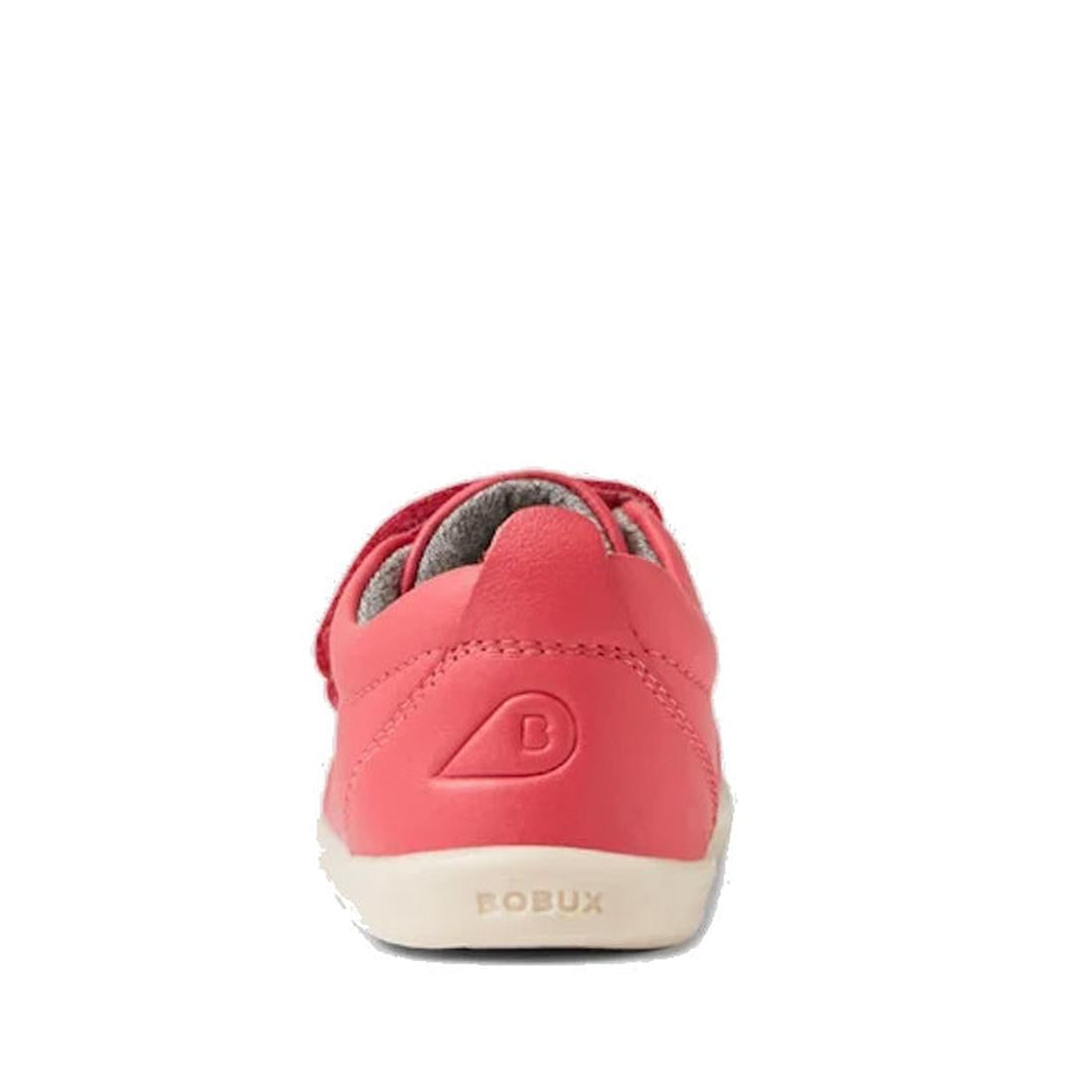 A single Bobux IW Iwalk Grass Court Leather Sneaker in Radiant Raspberry, podiatrist-endorsed for toddlers, shown from the back with a B heel logo and BOBUX on the sole, set against a white background., 9420068550902, 9420068550919, 9420068550926, 9420068