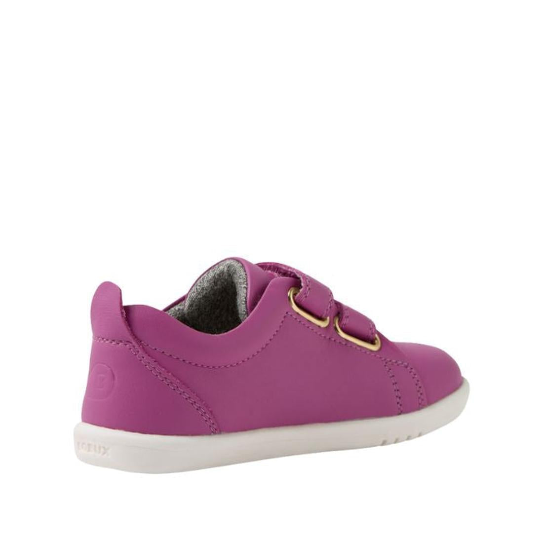 The Bobux IW Iwalk Grass Court Leather Sneaker in Cattleya Orchid Purple features double strap closure and a white sole, shown from a rear side angle against a plain white background., 9420074806987, 9420074806994, 9420074807007, 9420074807014, 9420074807