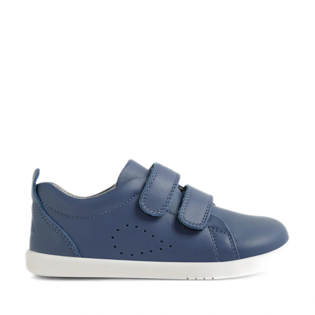 Bobux Iwalk Toddlers Grass Court Vintage Indigo Blue Leather Trainer featuring two Velcro straps, perforated side detailing, and a white sole, shown in a side profile on a white background—ideal toddler sneakers from the popular Bobux Grass Court collecti