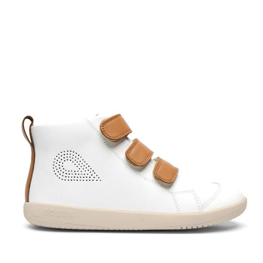 The Bobux IWalk IW Hi Court Boot White Caramel Clearance features premium coated leather, three tan Velcro straps, a tan heel tab, perforated sides, and a light beige rubber sole.