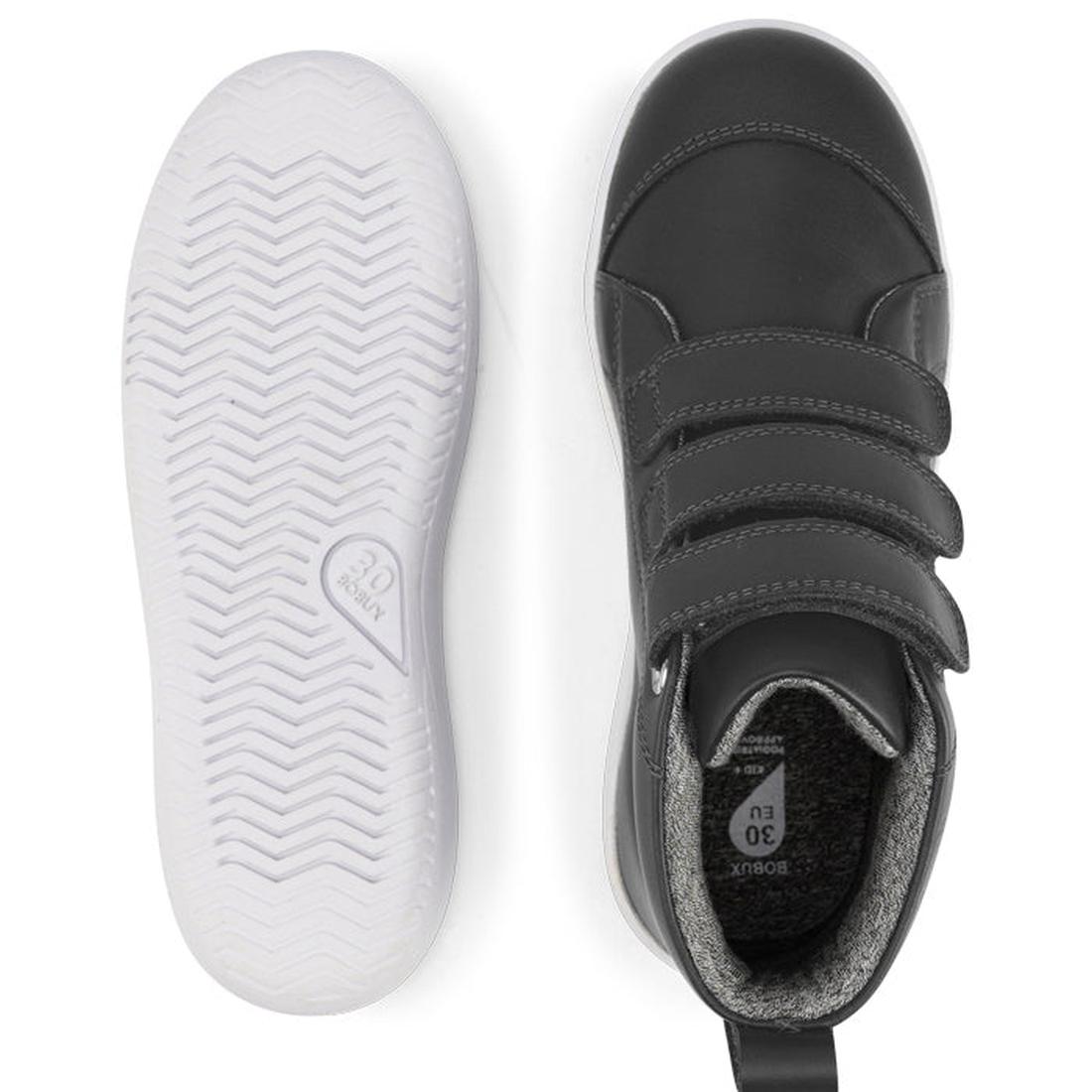 Top and sole view of the Bobux IWalk IW Hi Court Boot Smoke Grey—a children’s sneaker with three Velcro straps, white textured rubber sole, soft gray lining, and premium coated leather for lasting durability and style., 9420071306299, 9420071306305, 94200