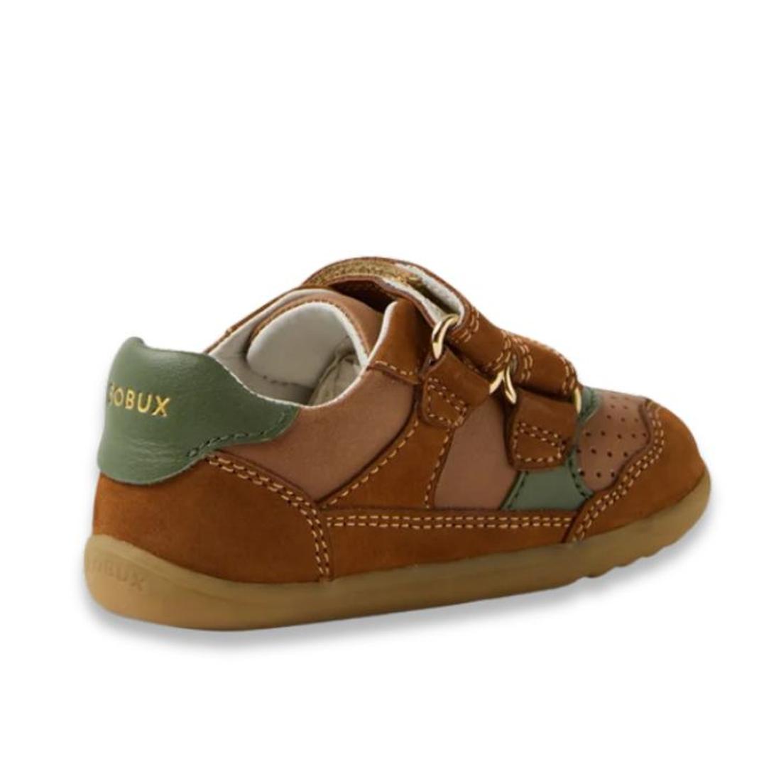The Bobux IW Iwalk Hunter Leather Sneaker in Caramel Tan is a kids’ shoe with a soft sole, adjustable Velcro straps, Quickdry leather, visible stitching, and the BOBUX logo in gold on the green heel., 9420074834195, 9420074834201, 9420074834218, 942007483
