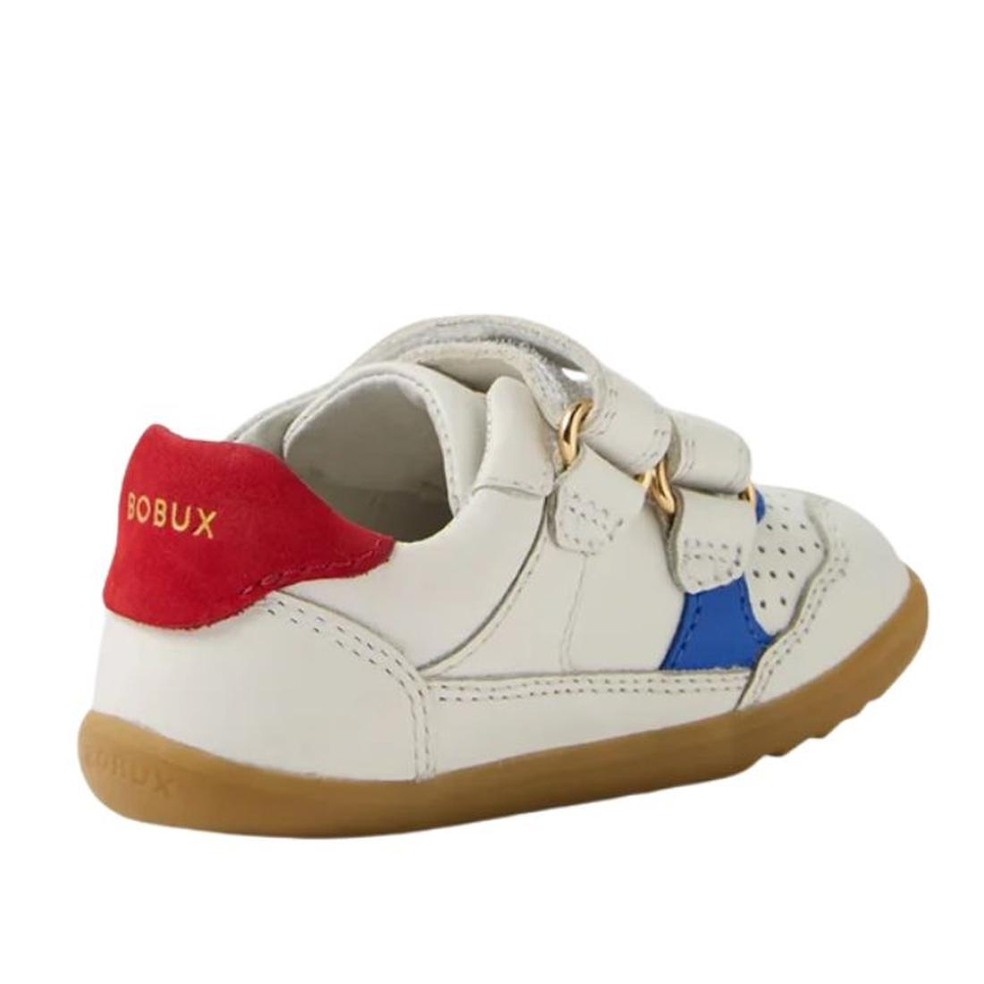 The Bobux IW Iwalk Hunter Leather Sneaker White Salsa features white Quickdry leather, a gum sole, blue side accent, red heel with gold BOBUX logo, and two adjustable straps—perfect for all-day kids' comfort and play., 9420074834232, 9420074834249, 942007