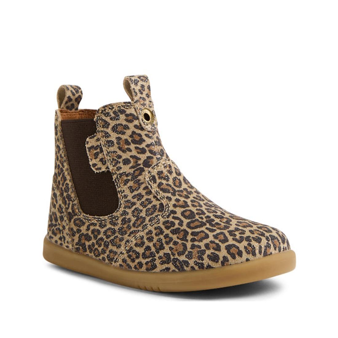 The Bobux IW Iwalk Jodhpur Leather Boot Leopard Shimmer is a podiatrist-endorsed kids' ankle boot featuring a tan and brown leopard print, brown elastic side panels, pull tab, and a flat light brown rubber sole., 9420074802415, 9420074802422, 942007480243