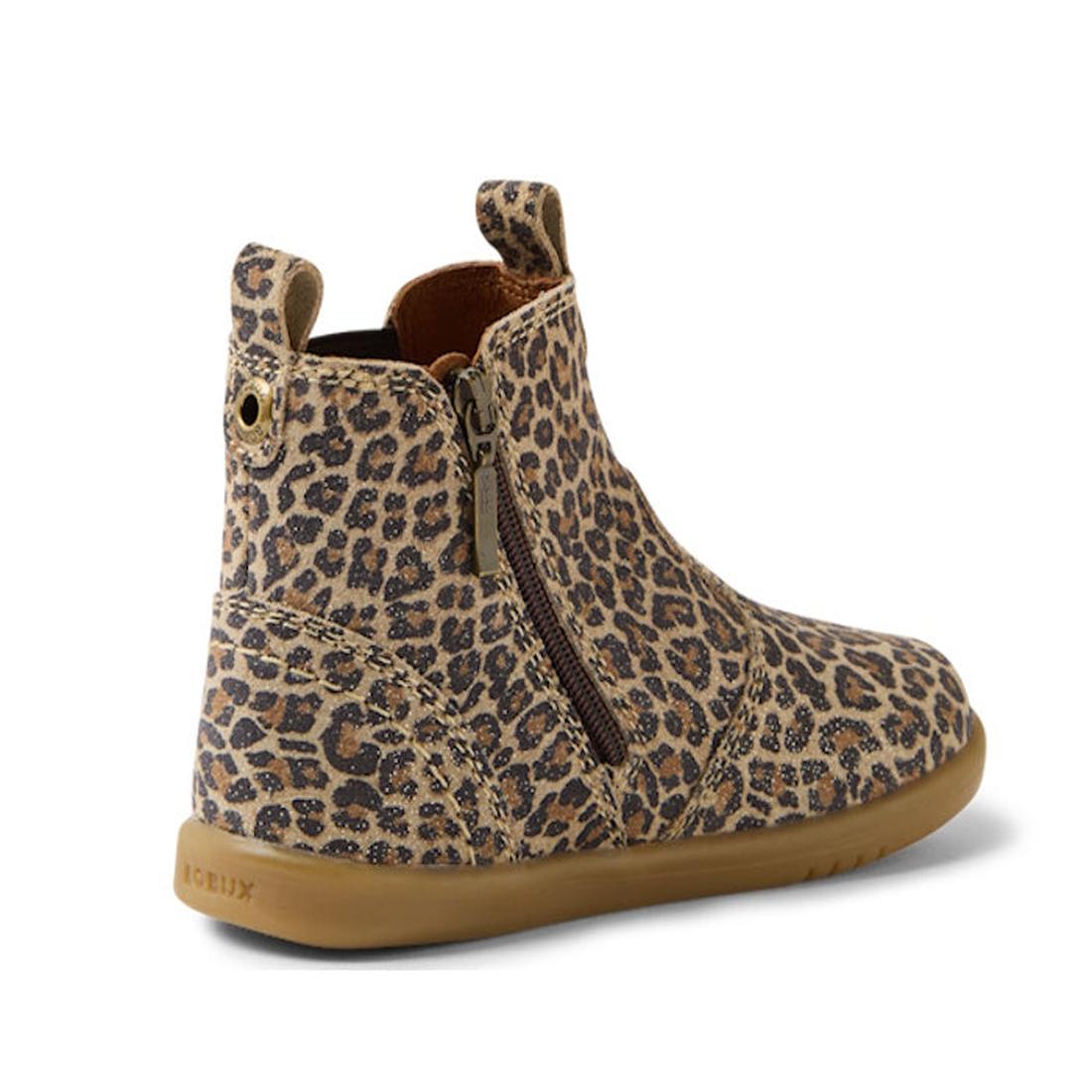 The Bobux IW Iwalk Jodhpur Leather Boot Leopard Shimmer is an ankle-high children's boot featuring a leopard print, side zipper, pull tab, and brown rubber sole—perfect stylish boots for adventurous toddlers., 9420074802415, 9420074802422, 9420074802439, 