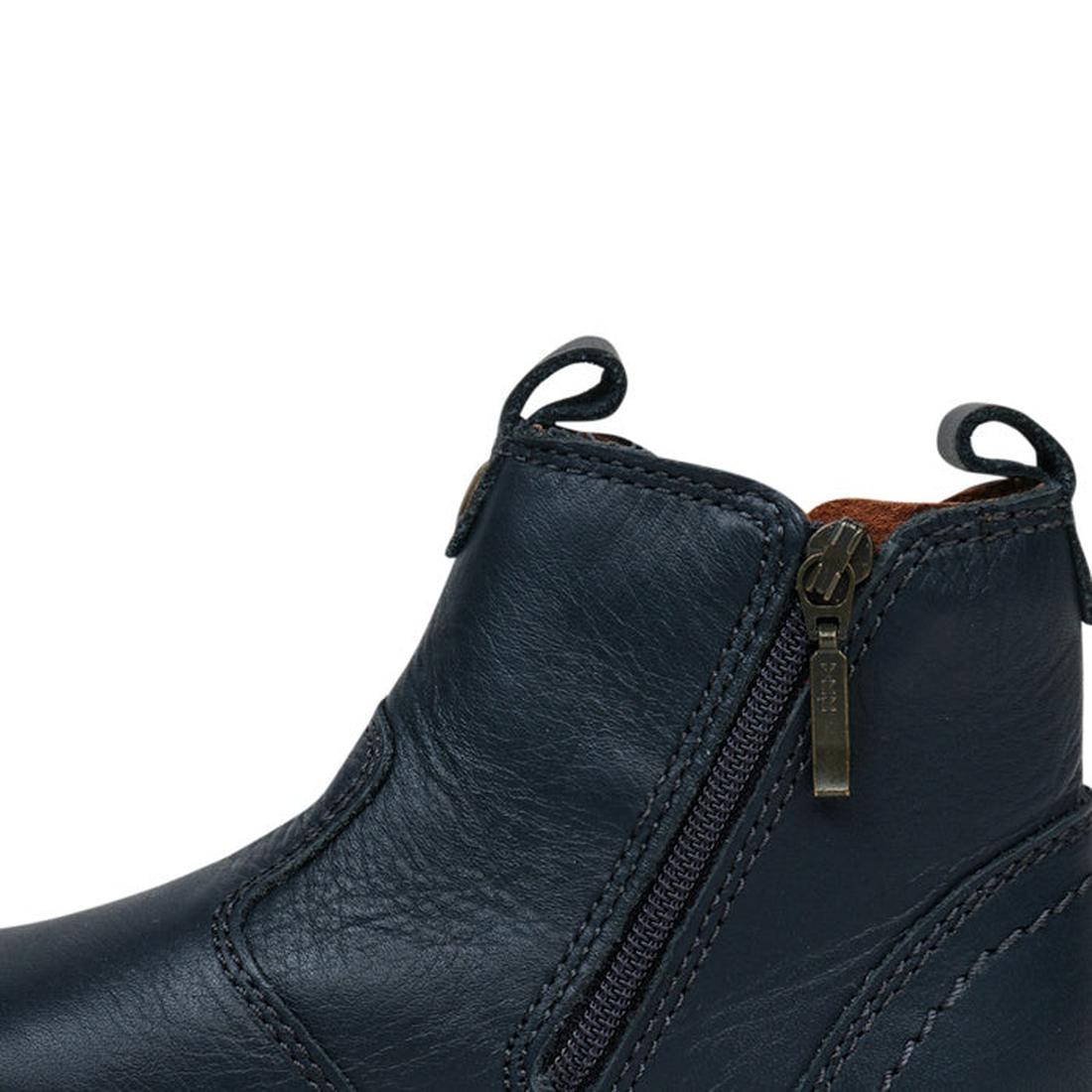 A close-up of the Bobux Iwalk Jodhpur Ankle Boots Navy 620825A kids leather boot shows a visible side zipper, detailed stitching, and front and back pull tabs against a plain white background., 9420062046623, 9420062046630, 9420062046647, 9420062046654, 9
