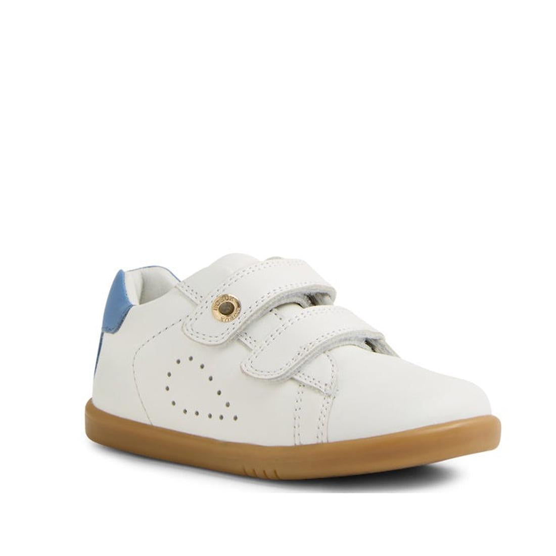 The Bobux IW Iwalk Maverick Leather Sneaker in White Coronet Blue features two Velcro straps, a tan rubber sole, a blue heel accent, and heart-shaped breathable perforations on the side., 9420074836588, 9420074836595, 9420074836601, 9420074836618