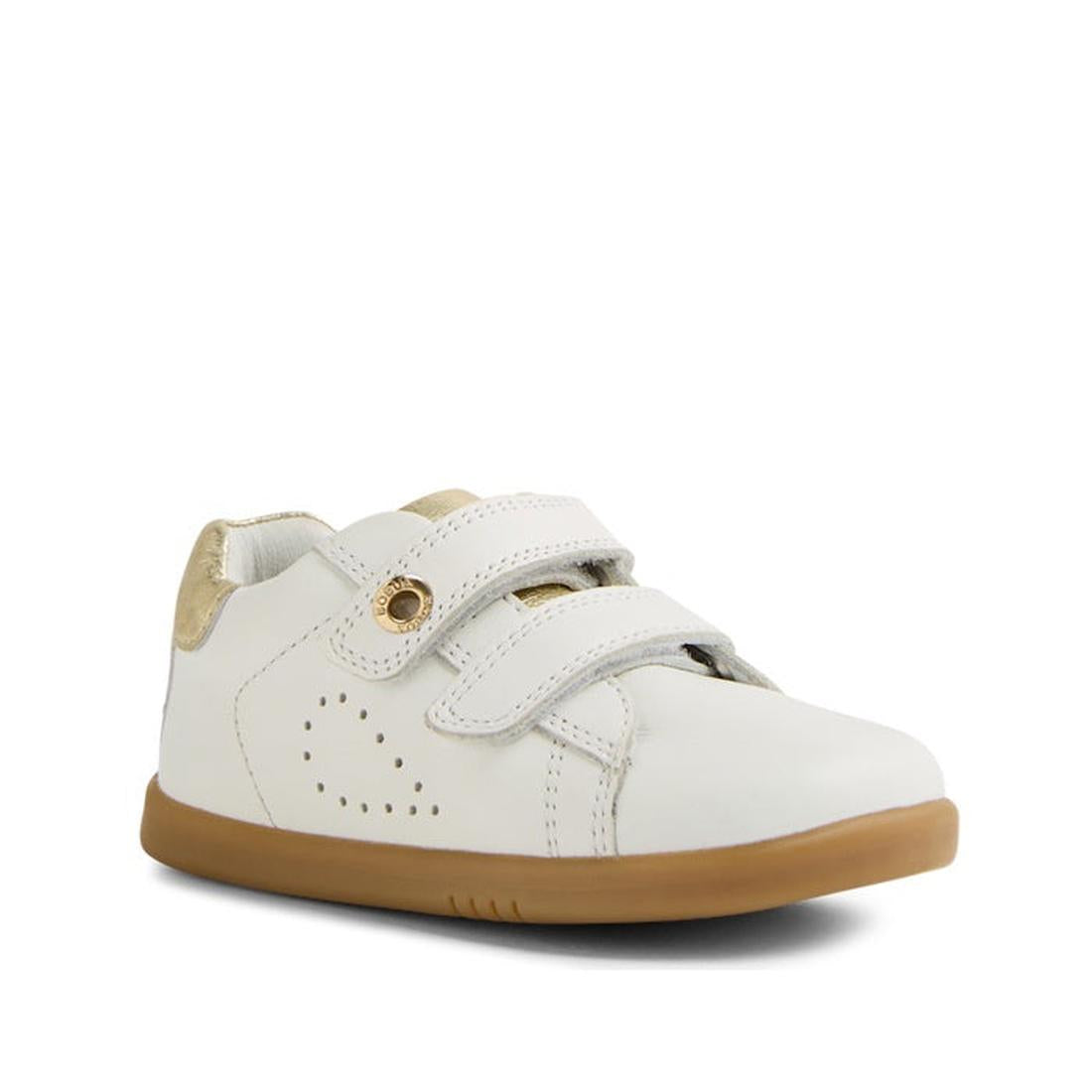 The Bobux IW Iwalk Maverick Leather Sneaker White Gold is a white kids' leather sneaker featuring a light brown sole, two adjustable hook-and-loop straps, and a small heart-shaped perforation—ideal toddler sneakers for comfort and style., 9420074836533, 9